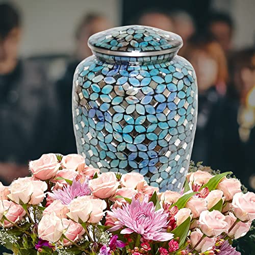 Mosaic Glass Cremation Urn - Hand Made Funeral Urn for Human Ashes - Large Adult Size Burial Urn - Aluminum with Hand applies Individual Tiles Create a one of a Kind Work of Art - 200 cu in (Blue)