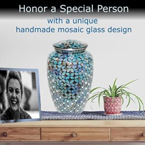 Mosaic Glass Cremation Urn - Hand Made Funeral Urn for Human Ashes - Large Adult Size Burial Urn - Aluminum with Hand applies Individual Tiles Create a one of a Kind Work of Art - 200 cu in (Blue)