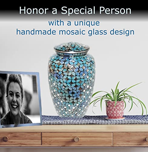 Mosaic Glass Cremation Urn - Hand Made Funeral Urn for Human Ashes - Large Adult Size Burial Urn - Aluminum with Hand applies Individual Tiles Create a one of a Kind Work of Art - 200 cu in (Blue)