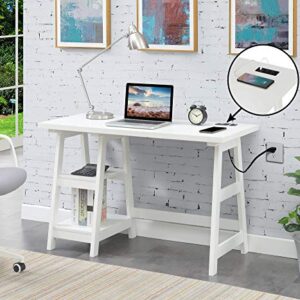 Convenience Concepts Designs2Go Trestle Desk with Charging Station and Shelves, White