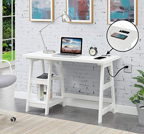 Convenience Concepts Designs2Go Trestle Desk with Charging Station and Shelves, White
