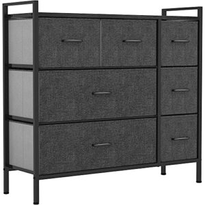 yitahome 7 drawers fabric dresser, furniture storage drawer unit, sturdy steel frame, wooden top & easy pull fabric bins, organizer tower chest for closet, bedroom, entryway, nursery(black grey)