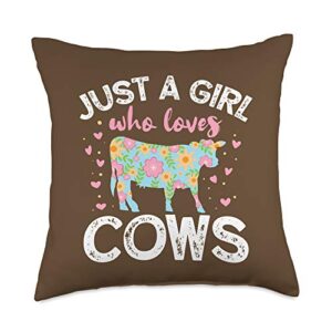 just a girl who loves cows cow lover gift farmer ranch funny throw pillow, 18x18, multicolor