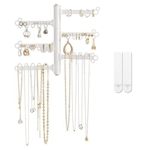 All Hung Up 6-Tier 8" Wall Jewelry Organizer : Command Strips included for easy hanging : 60 Earring Organizer Holes : Necklace Organizer : Bracelet Holder : Ring Holder : Rotating Branches (White)