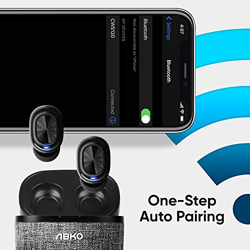 ABKO True Wireless Earbuds with Fabric Cradle Ultra Lightweight Compact Auto Pairing Bluetooth in-Ear Headphones USB-C Charging IPX4 Waterproof CWS120 Black