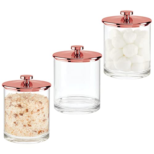 mDesign Medium Modern Apothecary Storage Organizer Canister Jars - Acrylic Containers for Bathroom, Organization Holder for Vanity, Counter, Makeup Table, Lumiere Collection, 3 Pack - Clear/Rose Gold