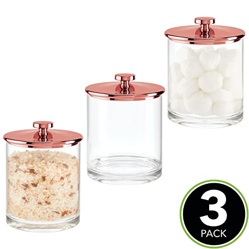 mDesign Medium Modern Apothecary Storage Organizer Canister Jars - Acrylic Containers for Bathroom, Organization Holder for Vanity, Counter, Makeup Table, Lumiere Collection, 3 Pack - Clear/Rose Gold