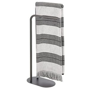 mdesign tall stainless freestanding towel rack holder - 2 tier minimalist pedestal hanger holders for kitchen and bathroom - racks for bath, hand, dish, and tea towels or washcloths - graphite gray