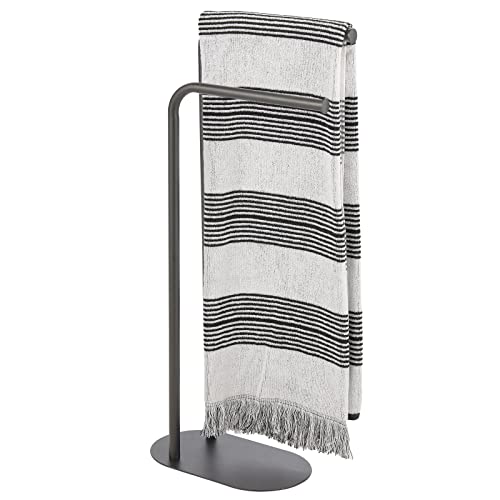 mDesign Tall Stainless Freestanding Towel Rack Holder - 2 Tier Minimalist Pedestal Hanger Holders for Kitchen and Bathroom - Racks for Bath, Hand, Dish, and Tea Towels or Washcloths - Graphite Gray