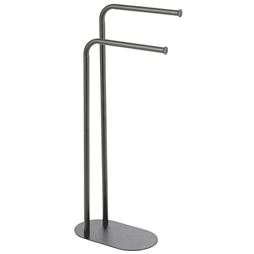 mDesign Tall Stainless Freestanding Towel Rack Holder - 2 Tier Minimalist Pedestal Hanger Holders for Kitchen and Bathroom - Racks for Bath, Hand, Dish, and Tea Towels or Washcloths - Graphite Gray