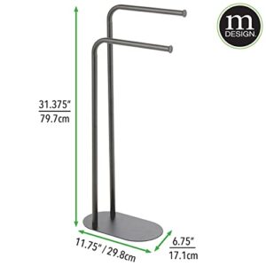 mDesign Tall Stainless Freestanding Towel Rack Holder - 2 Tier Minimalist Pedestal Hanger Holders for Kitchen and Bathroom - Racks for Bath, Hand, Dish, and Tea Towels or Washcloths - Graphite Gray