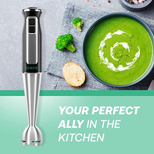 CHEFX 5-in-1 Immersion Blender - 9 Speed Ultra Powerful Stainless Steel Hand Mixer for Kitchen - Electric Handheld Stick Frother - Chop/Grind/Whisk/Froth/Blend - Turbo Mode - Food Grinder + Container