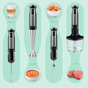 CHEFX 5-in-1 Immersion Blender - 9 Speed Ultra Powerful Stainless Steel Hand Mixer for Kitchen - Electric Handheld Stick Frother - Chop/Grind/Whisk/Froth/Blend - Turbo Mode - Food Grinder + Container