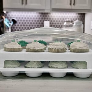 Top Shelf Elements Cupcake Carrier, Fashionable White Cupcake Holder Carries 24 Standard-Size Cupcakes, Durable Muffin Traveler Two Tier Stand and Reusable Cupcake Box