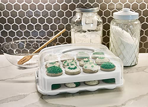 Top Shelf Elements Cupcake Carrier, Fashionable White Cupcake Holder Carries 24 Standard-Size Cupcakes, Durable Muffin Traveler Two Tier Stand and Reusable Cupcake Box