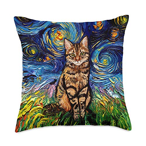 Sagittarius Gallery Brown Tabby Cat Starry Night Impressionist Animal Art by Aja Throw Pillow, 18x18, Multicolor