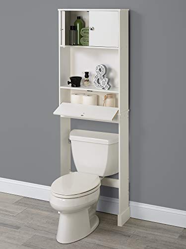 Zenna Home Drop Door Over-the-Toilet Bathroom Spacesaver, Bath-Storage Shelves with Leg Extensions, White