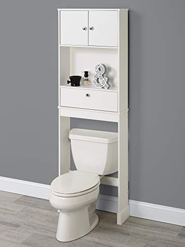 Zenna Home Drop Door Over-the-Toilet Bathroom Spacesaver, Bath-Storage Shelves with Leg Extensions, White