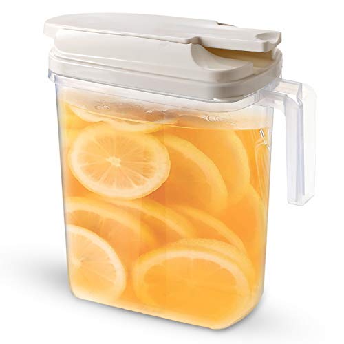 Large Pour Airtight plastic drink Pitcher jar with Locking Spout lid and Handle. Water Coffee, lemonade, iced Tea & juice 61oz/1.8 liter. Detachable Top. Slim design. Safer than glass. Jarra