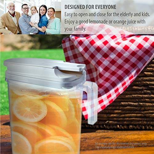 Large Pour Airtight plastic drink Pitcher jar with Locking Spout lid and Handle. Water Coffee, lemonade, iced Tea & juice 61oz/1.8 liter. Detachable Top. Slim design. Safer than glass. Jarra