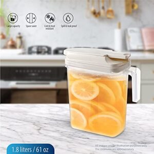 Large Pour Airtight plastic drink Pitcher jar with Locking Spout lid and Handle. Water Coffee, lemonade, iced Tea & juice 61oz/1.8 liter. Detachable Top. Slim design. Safer than glass. Jarra