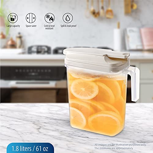 Large Pour Airtight plastic drink Pitcher jar with Locking Spout lid and Handle. Water Coffee, lemonade, iced Tea & juice 61oz/1.8 liter. Detachable Top. Slim design. Safer than glass. Jarra