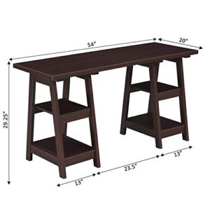 Convenience Concepts Designs2Go Double Trestle Desk with Shelves, Espresso