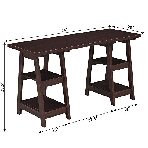 Convenience Concepts Designs2Go Double Trestle Desk with Shelves, Espresso