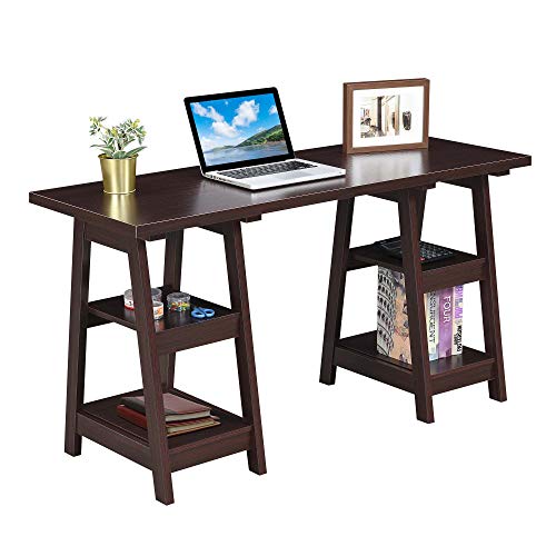 Convenience Concepts Designs2Go Double Trestle Desk with Shelves, Espresso