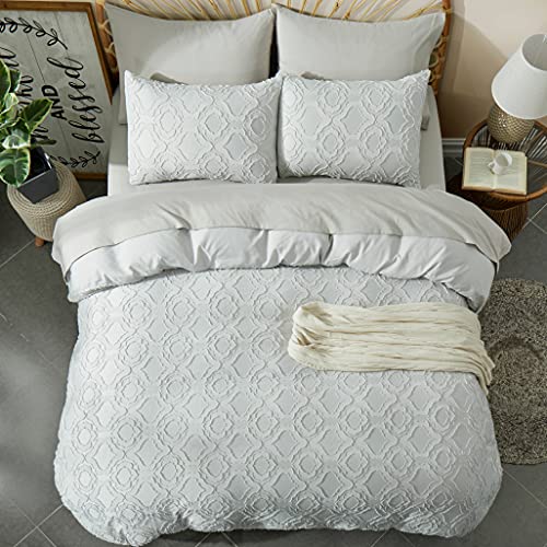 BEDAZZLED Duvet Cover Queen Size, 3 Pieces Tufted Comforter Cover Set, Soft and Embroidery Shabby Chic Boho Bedding Sets for All Seasons, Light Grey