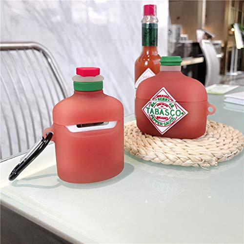 Ultra Thick Soft Silicone Case for Apple AirPods 1 2 with Keychain Hook Hot Pepper Sauce Red Bottle 3D Cartoon Food Shaped Cute Lovely Fun Funny Unique Creative Cool Kids Girls Women