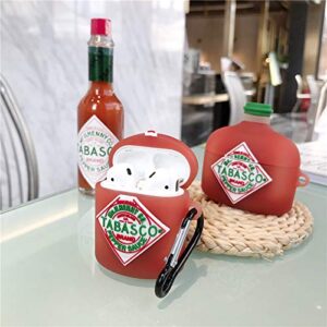 Ultra Thick Soft Silicone Case for Apple AirPods 1 2 with Keychain Hook Hot Pepper Sauce Red Bottle 3D Cartoon Food Shaped Cute Lovely Fun Funny Unique Creative Cool Kids Girls Women