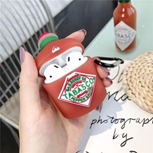 Ultra Thick Soft Silicone Case for Apple AirPods 1 2 with Keychain Hook Hot Pepper Sauce Red Bottle 3D Cartoon Food Shaped Cute Lovely Fun Funny Unique Creative Cool Kids Girls Women