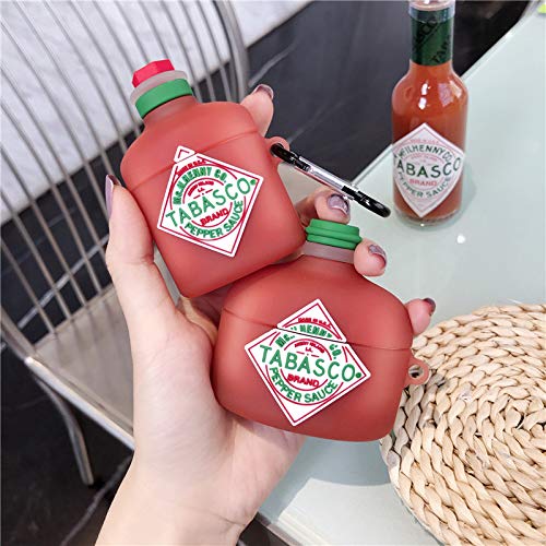 Ultra Thick Soft Silicone Case for Apple AirPods 1 2 with Keychain Hook Hot Pepper Sauce Red Bottle 3D Cartoon Food Shaped Cute Lovely Fun Funny Unique Creative Cool Kids Girls Women