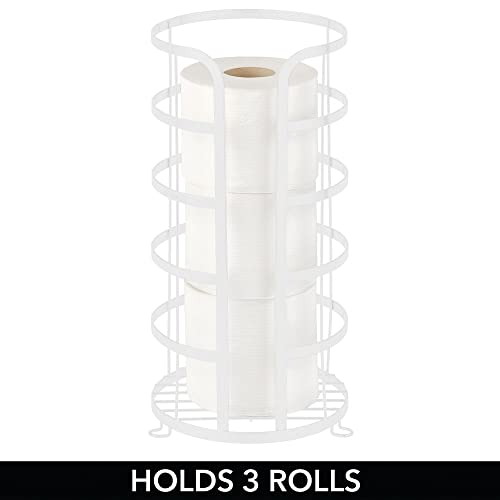 mDesign Decorative Metal Free Standing Toilet Paper Holder Stand with Storage for 3 Rolls of Toilet Tissue - for Bathroom/Powder Room - Holds Mega Rolls - White