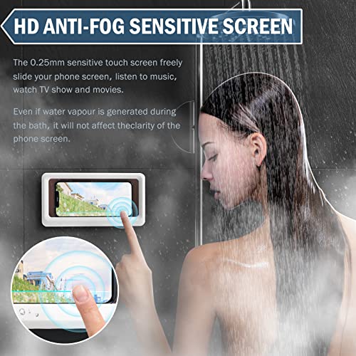 KIMATOT Shower Phone Holder Waterproof - Anti-Fog Touch Screen Wall Mounted Phone Case with Cell Phone Stand and Wall Hooks (2 Pcs) for Bathroom Compatible with Mobile Phones Under 6.8 inches, White