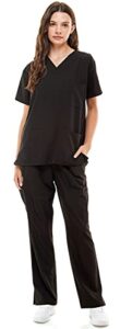 medpia women's medical uniform set – 4 way stretch lightweight 8 pockets v-neck top drawstring elastic waist pants nursing black 4x