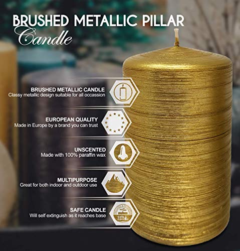 Hyoola Brushed Metallic Pillar Candles - 6 Pack - Gold Pillar Candles - European Made Decorative Pillar Candles - 2.75 Inch x 5 Inch