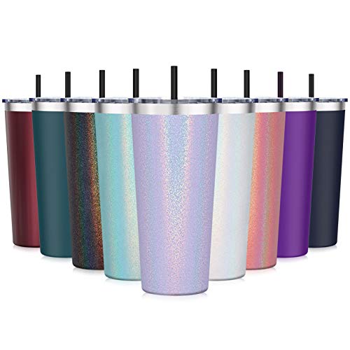 Aikico Travel Tumbler with Lid and Straws, Insulated Stainless Steel Travel Mug for Ice Drinks & Hot Beverage, Double Wall 22oz Powder Coated Coffee Cup for Home and Office, Rainbow Lavender Purple