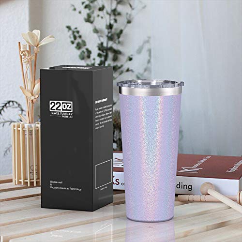Aikico Travel Tumbler with Lid and Straws, Insulated Stainless Steel Travel Mug for Ice Drinks & Hot Beverage, Double Wall 22oz Powder Coated Coffee Cup for Home and Office, Rainbow Lavender Purple