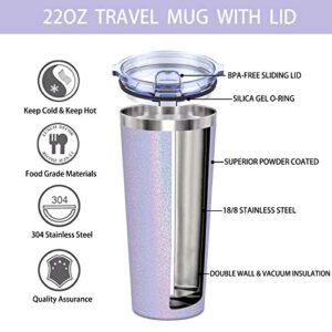 Aikico Travel Tumbler with Lid and Straws, Insulated Stainless Steel Travel Mug for Ice Drinks & Hot Beverage, Double Wall 22oz Powder Coated Coffee Cup for Home and Office, Rainbow Lavender Purple