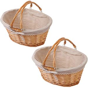 kinjoek 2 packs wicker woven basket, 13" x 9" x 4.8" multipurpose natural willow basket with handle premium linen cotton cloth lining for storage and decoration, natural