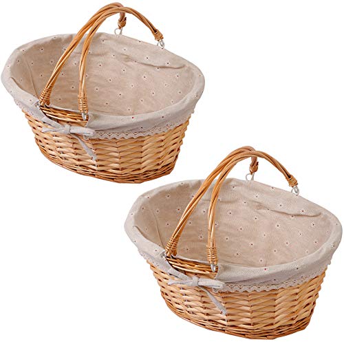 KINJOEK 2 Packs Wicker Woven Basket, 13" x 9" x 4.8" Multipurpose Natural Willow Basket with Handle Premium Linen Cotton Cloth Lining for Storage and Decoration, Natural