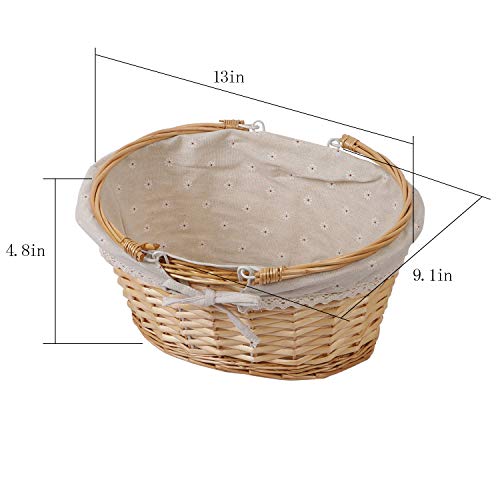 KINJOEK 2 Packs Wicker Woven Basket, 13" x 9" x 4.8" Multipurpose Natural Willow Basket with Handle Premium Linen Cotton Cloth Lining for Storage and Decoration, Natural