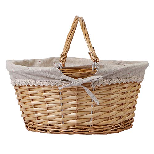 KINJOEK 2 Packs Wicker Woven Basket, 13" x 9" x 4.8" Multipurpose Natural Willow Basket with Handle Premium Linen Cotton Cloth Lining for Storage and Decoration, Natural