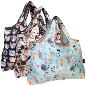 allydrew wrapables eco-friendly large nylon reusable shopping bags (set of 3), cat lovers