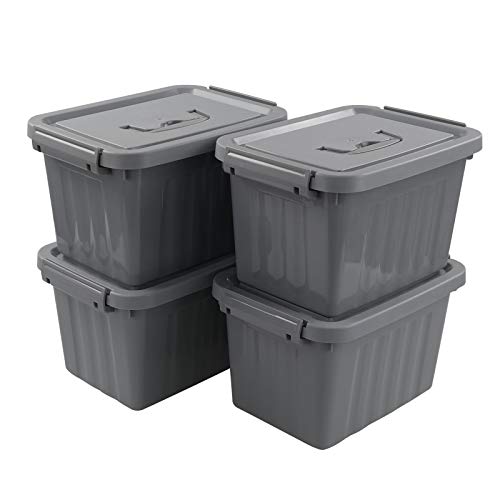 Uumitty 4 Packs Plastic Lidded Storage Box, 6.5 Quart Organizing Latch Bin with Lid/Handles, Grey