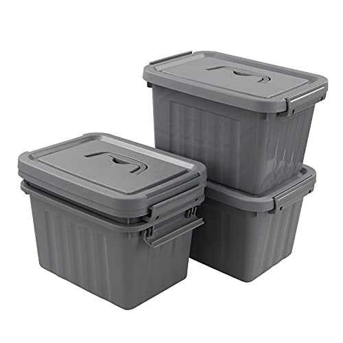 Uumitty 4 Packs Plastic Lidded Storage Box, 6.5 Quart Organizing Latch Bin with Lid/Handles, Grey