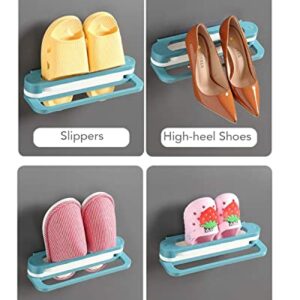 2PCS Bathroom Slippers Rack Wall Mounted Shoe 4in1Organizer Rack Folding Slippers Holder Shoes Hanger Punch-Free Storage Towel Racks (Blue)