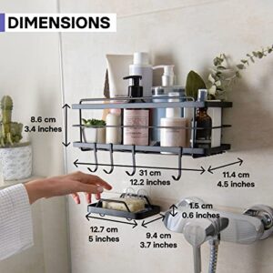 KINCMAX Shower Caddy Basket Shelf & Soap Dish Set (with Hooks)- Adhesive Drill-Free Bathroom Organizer - Shower Storage Shelves for Inside Shower w/Hooks for Accessories (Black)